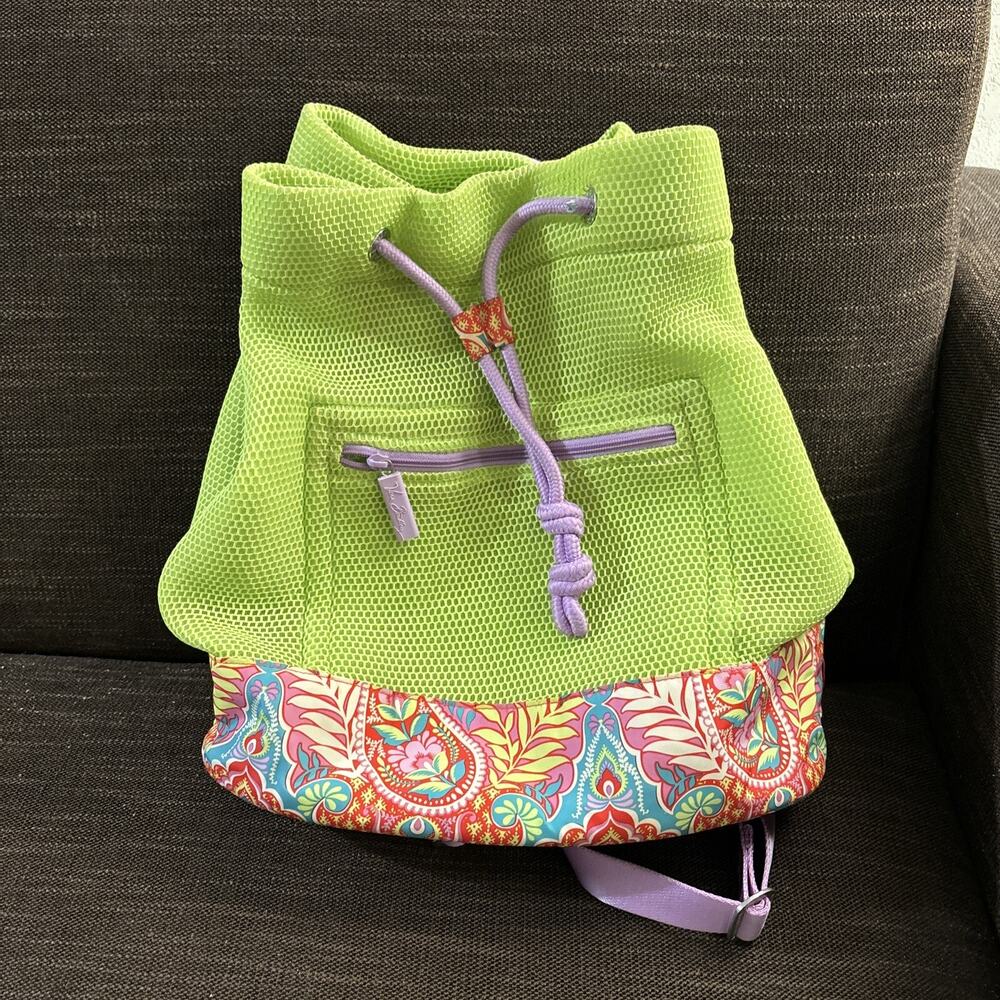 Vera Bradley Mesh Drawstring Backpack Beach Neon Green Lime Floral Paisley